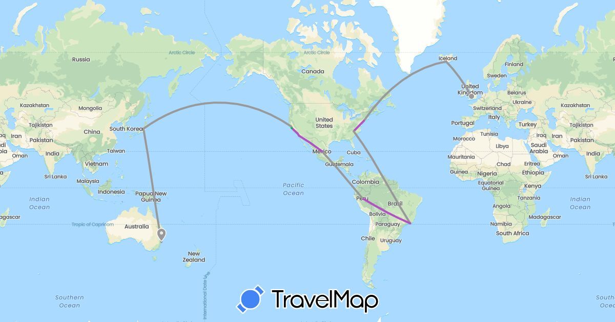 TravelMap itinerary: driving, bus, plane, train in Australia, Brazil, United Kingdom, Iceland, Japan, Peru, United States (Asia, Europe, North America, Oceania, South America)